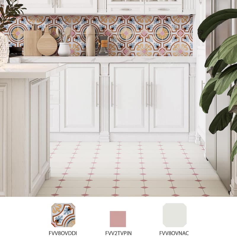 Merola Tile Vaudeville Octagon Deco Diglas with Taco Pink 7-7/8" x 7-7/8" Porcelain Floor and Wall Tile