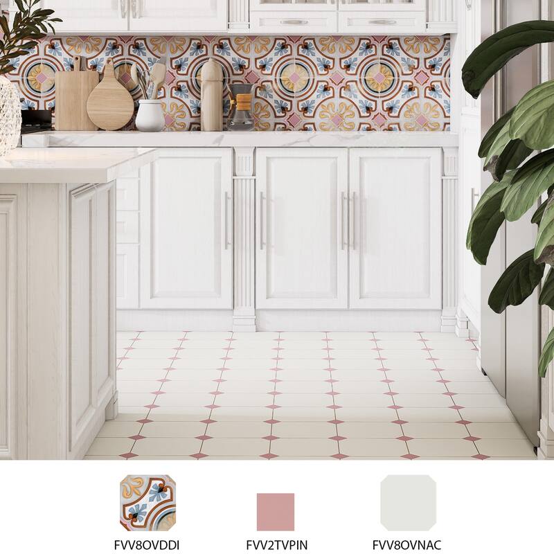 Merola Tile Vaudeville Octagon Nacar with Taco Pink 7-7/8" x 7-7/8" Porcelain Floor and Wall Tile