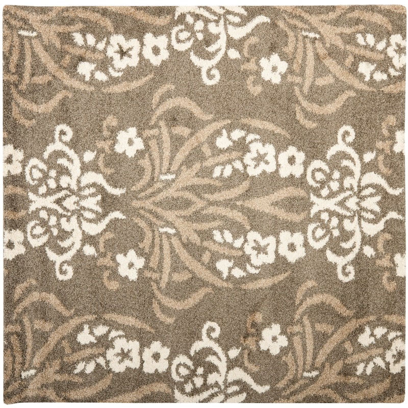 SAFAVIEH Florida Shag Niloufar Damask 1.2-inch Thick Rug - 6'7" Square - Smoke/Beige