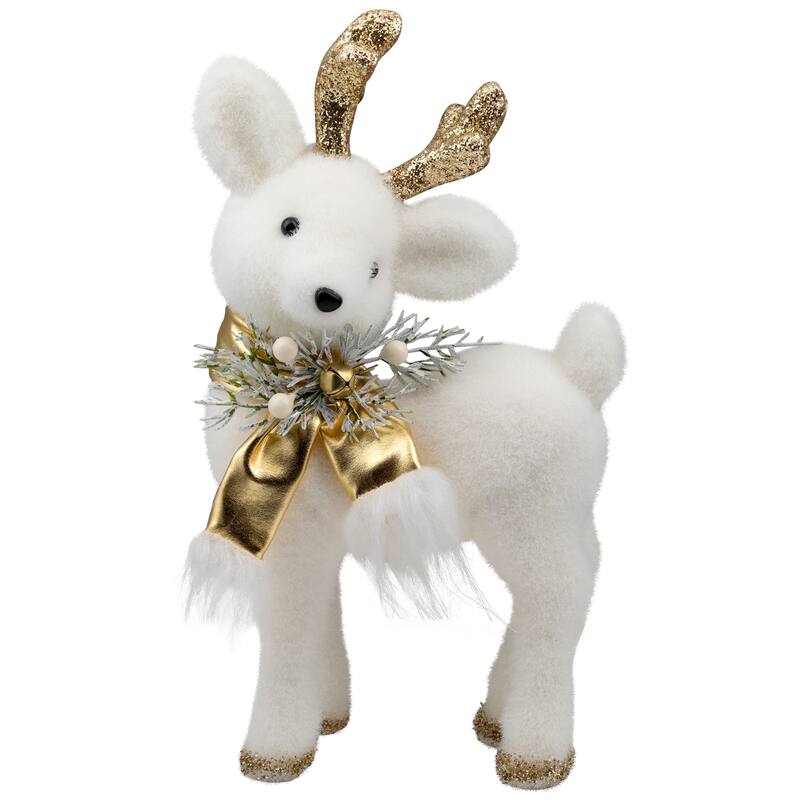 Glittered Standing Deer with Jingle Bell Christmas Figure - 12.25" - White and Gold