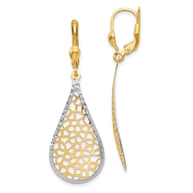Curata 14k Yellow Gold With White Rhodium Sparkle Cut Cut-out Pear Shape Leverback Earrings 46x16mm