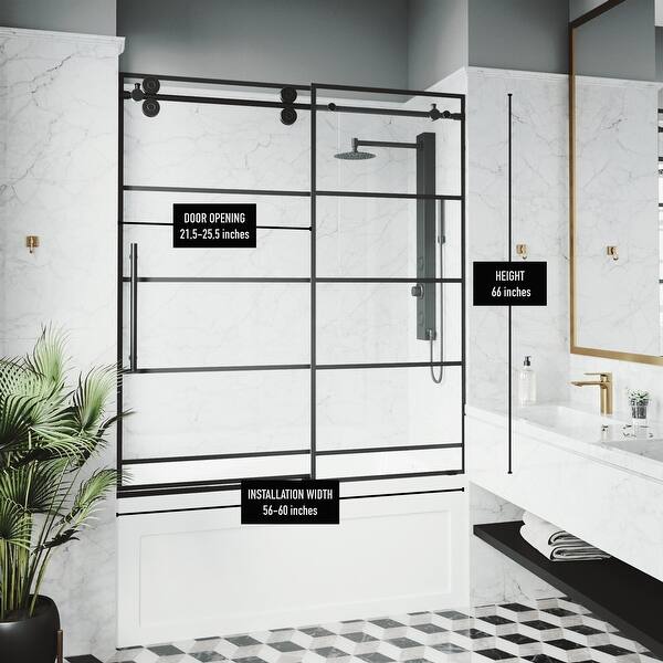 dimension image slide 6 of 7, VIGO Elan Adjustable Sliding Shower Door in Matte Black