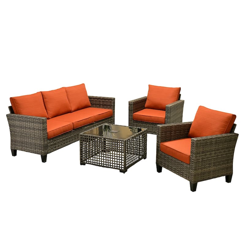OVIOS 4 Pieces Patio Furniture Wicker Set with Solar-Powered Coffee Table