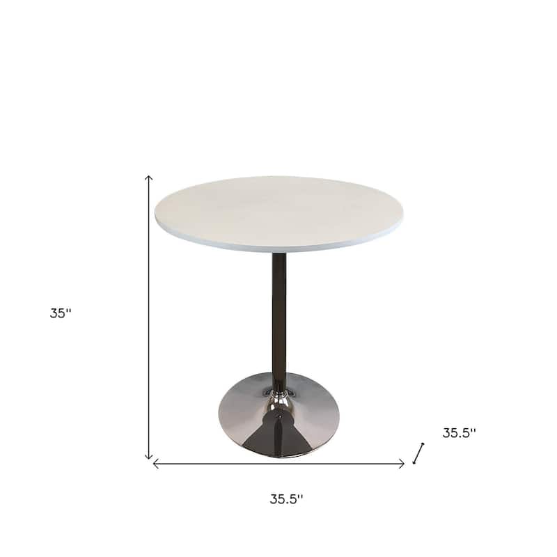 HomeRoots 36" White and Silver Wood and Metal Pedestal Base Round Top Dining Table - 35.50 in. x 35.00 in. x 35.50 in.