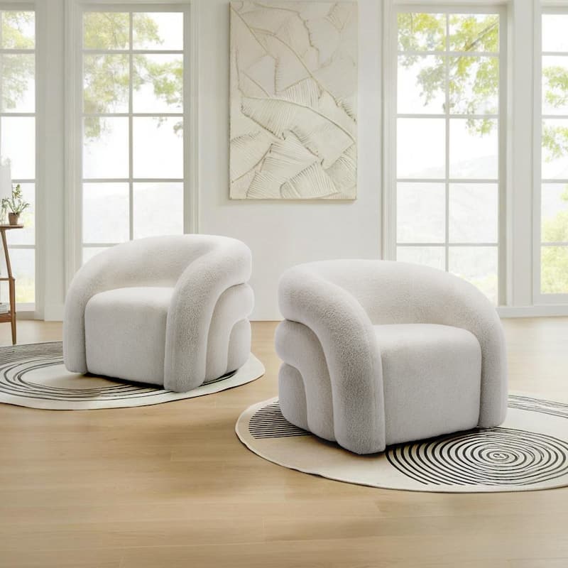 Boucle Swivel Accent Chair Round Barrel Armchair Set of 2