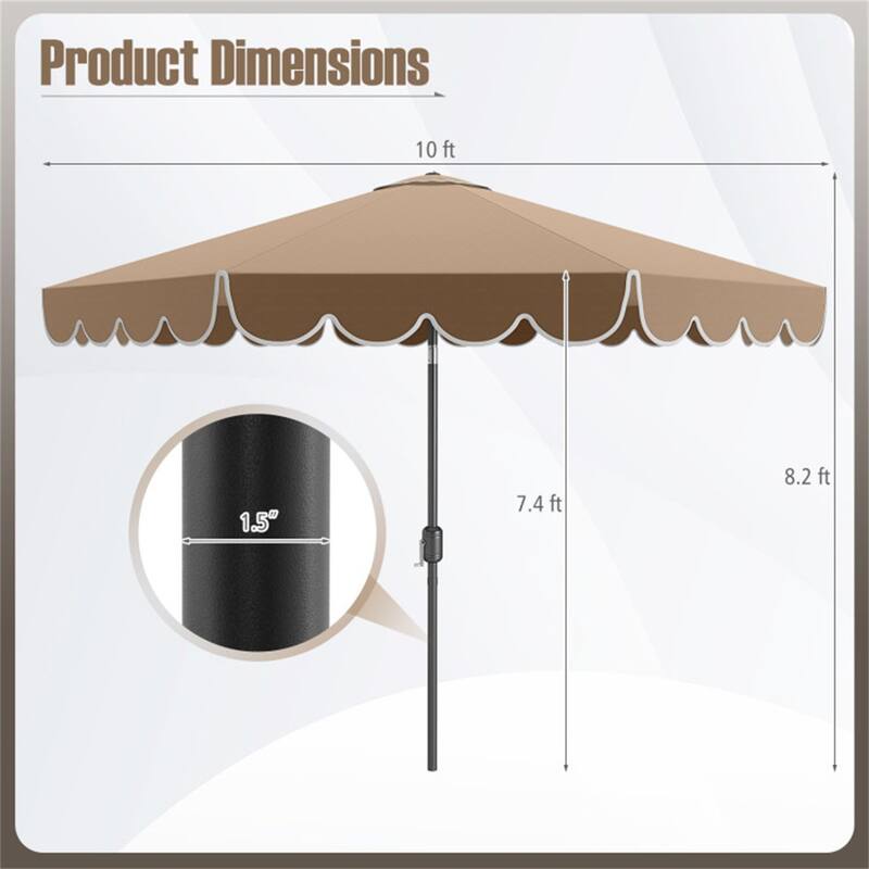 Premium 10 Ft Patio Umbrella with Crank Auto Tilt and Ruffled Edges Sun Protection Waterproof Polyester Canopy - 10 x 8.2 ft