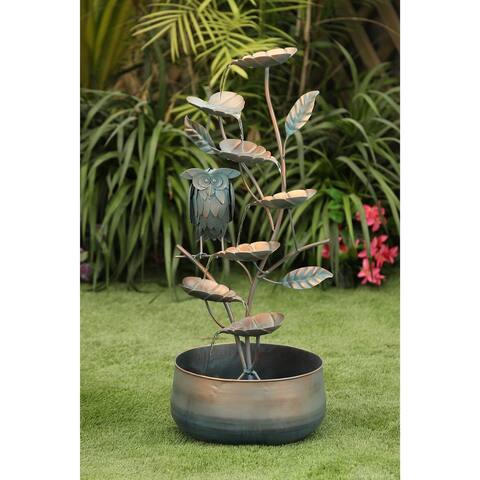 Metal Cascading Leaves and Owl Outdoor Fountain