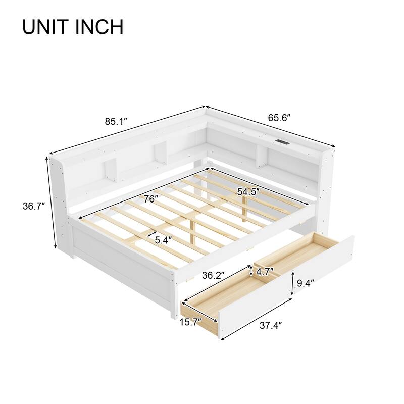 Corner Daybed Bookcases Bed with Power Outlets and Charging Ports, L-Shaped Storage Bed Frame Captains Bed with 2 Drawers
