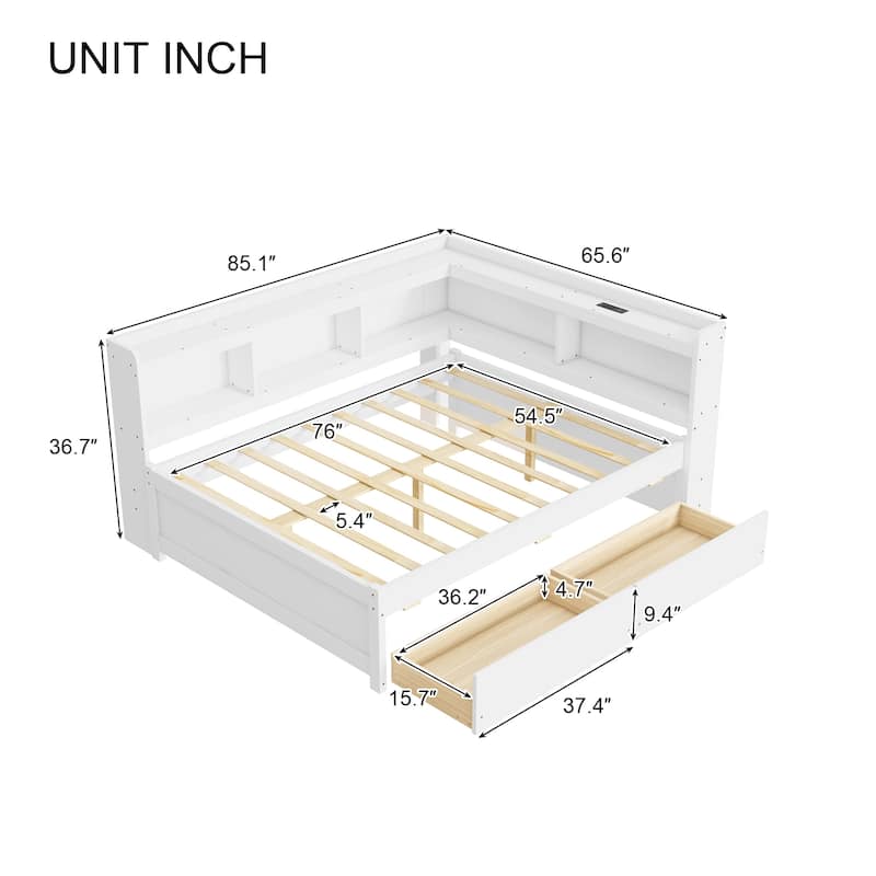 Full Size Bed with L-Shaped Bookcases, Power Outlets, USB Ports and 2 Storage Drawers