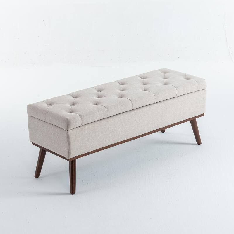 Linen Storage Ottoman Bench with Wood Legs, Upholstered Entryway Bench Tufted Mid Century Modern Ottoman Bedroom End of Bed - Beige