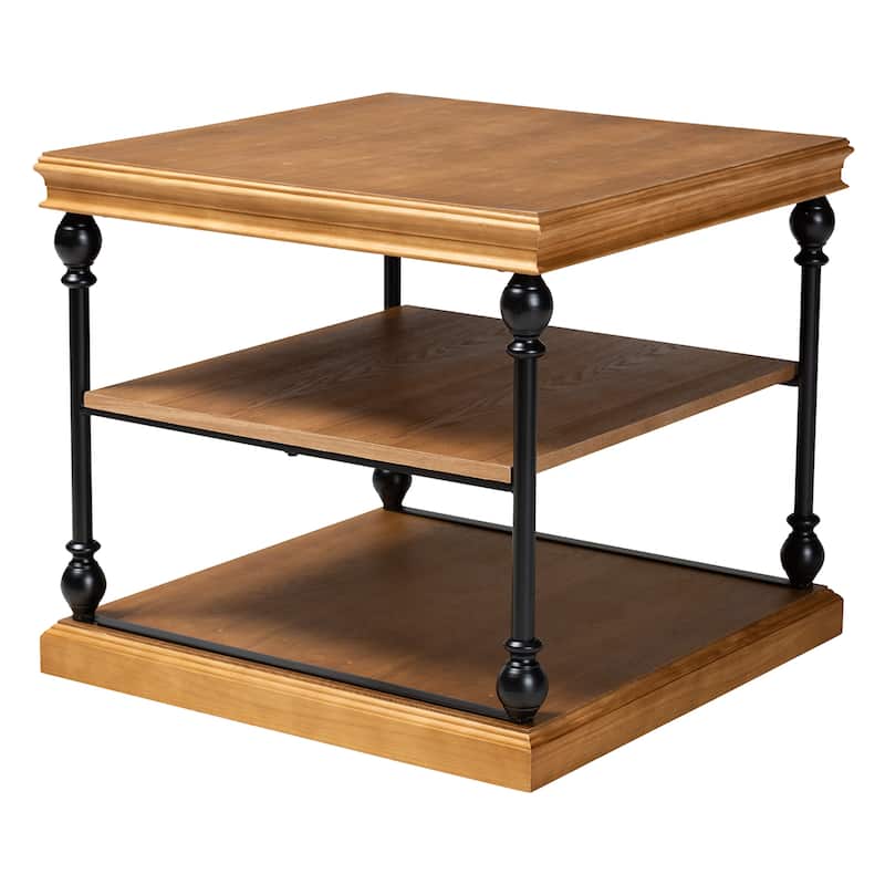 Sebastian Traditional Industrial Wood and Black Metal 3-Tier End Table - Oak Brown, Black