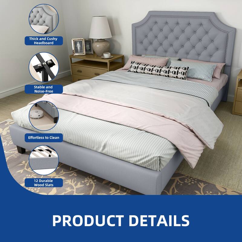 Moasis Linen Upholstered Platform Bed Velvet Bed Frame with Adjustable Headboard