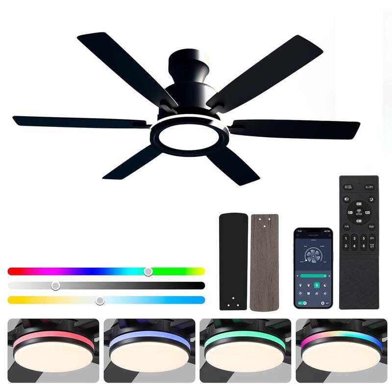 54 Inch Flush Mount Low Profile Ceiling Fan with Light - 54 Inches - Black