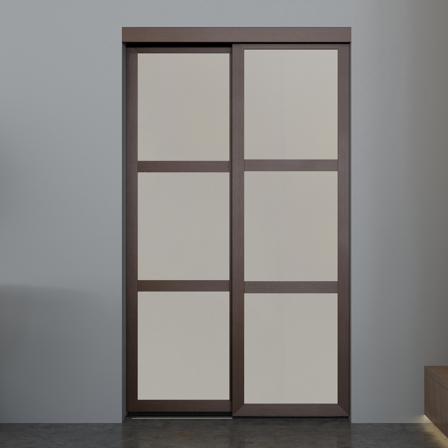 Shop 3 Lite Indoor Studio 60 In X 80 5 In Mdf With Vinyl Frame And Frosted Glass Sliding Closet Door Brown Overstock 29367359