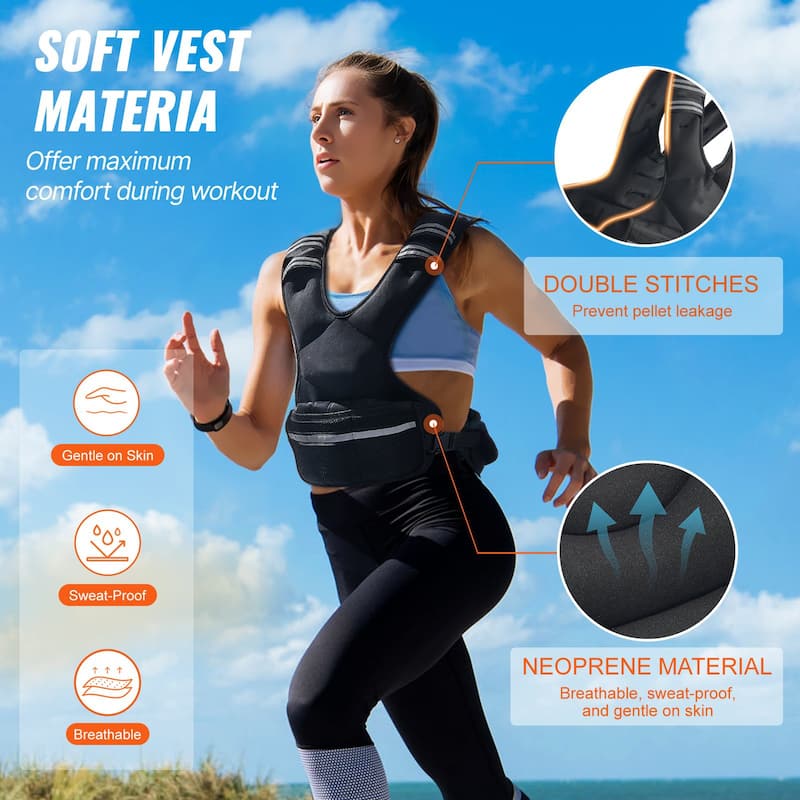Black Neoprene Adjustable Weighted Vest 11 to 20 lbs with Reflective Strips - 20 Lbs