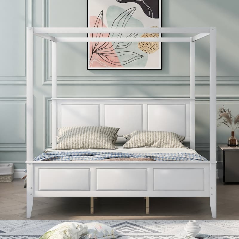 White Canopy Platform Bed King Size, Pine Wood & MDF, Modern Design
