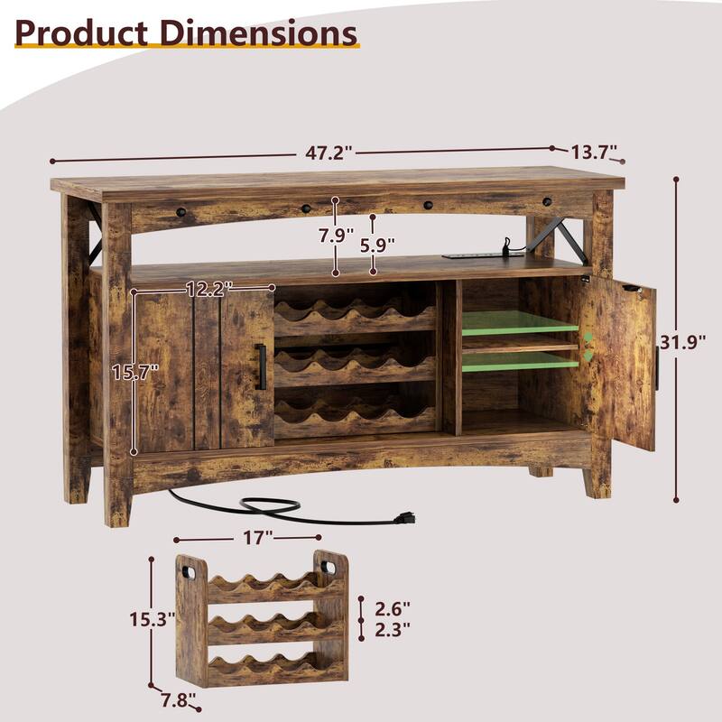 Farmhouse 47" Wine Bar Cabinet with Power Outlets & LED Lights, Industrial Coffee Bar Liquor Cabinet with Shelves & Wine Rack