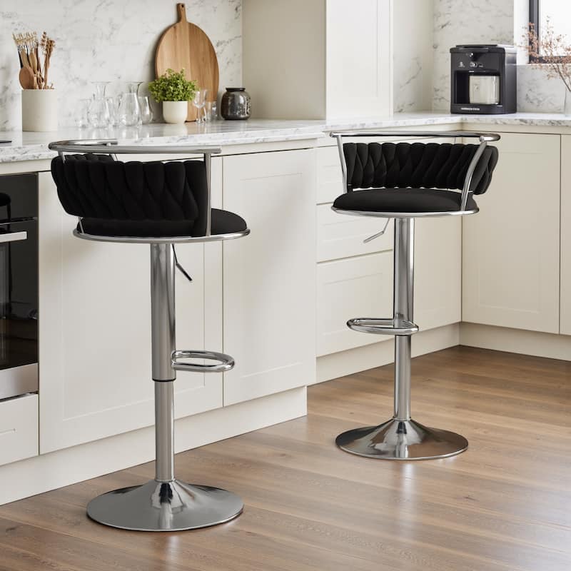 Set of 2 Velvet Adjustable Swivel Bar Stools - Silver/Black