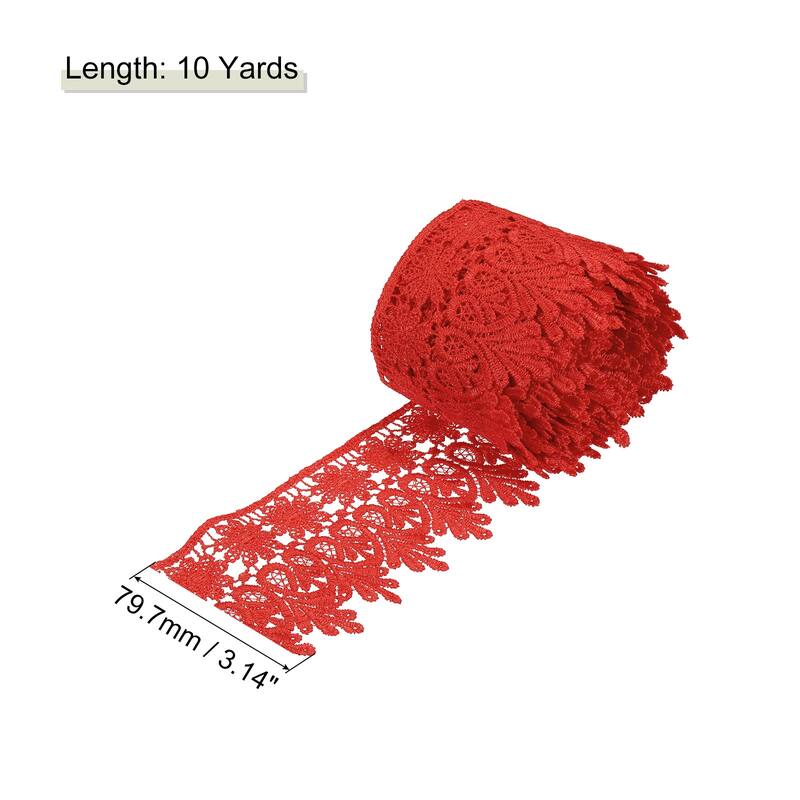 3 Inch Wide Lace Ribbon Floral Pattern Embroidered Lace Trim - Red - 10 Yard