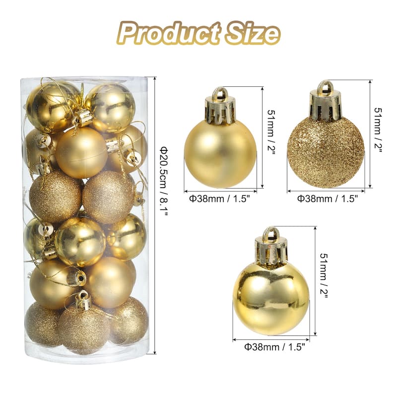 24Pcs 1.5" Christmas Balls Ornaments Shatterproof Hanging Balls Set - Gold