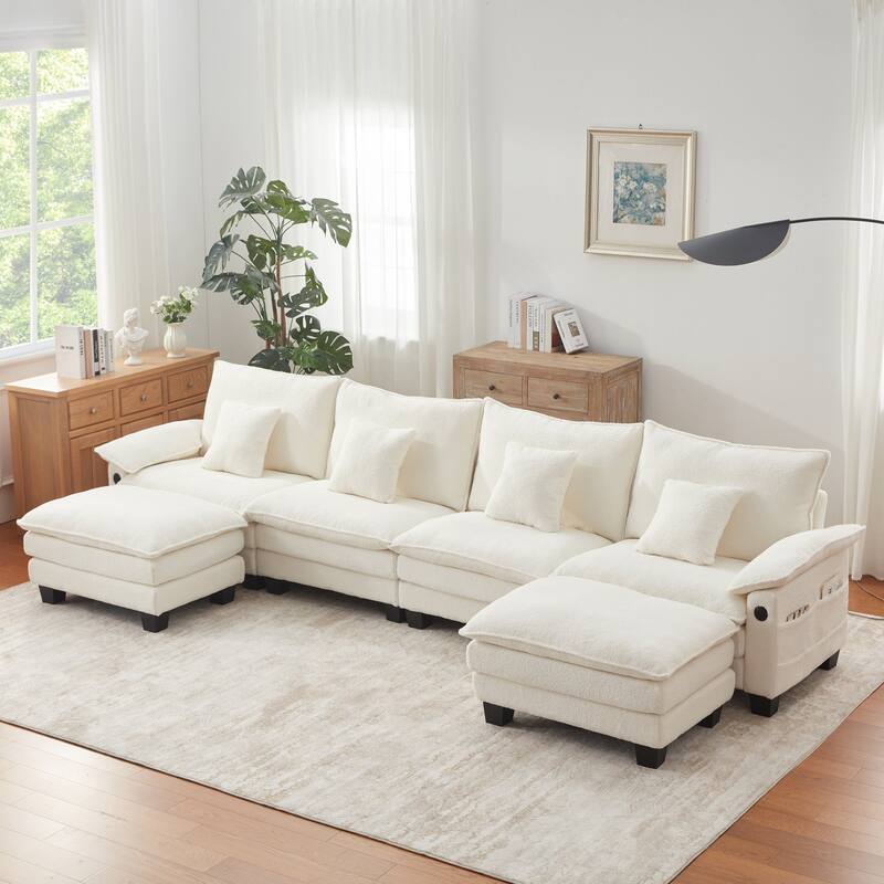144" Modular Compression Sofa Set Convertible Sectional Sleeper Couch with 2 Ottomans - White