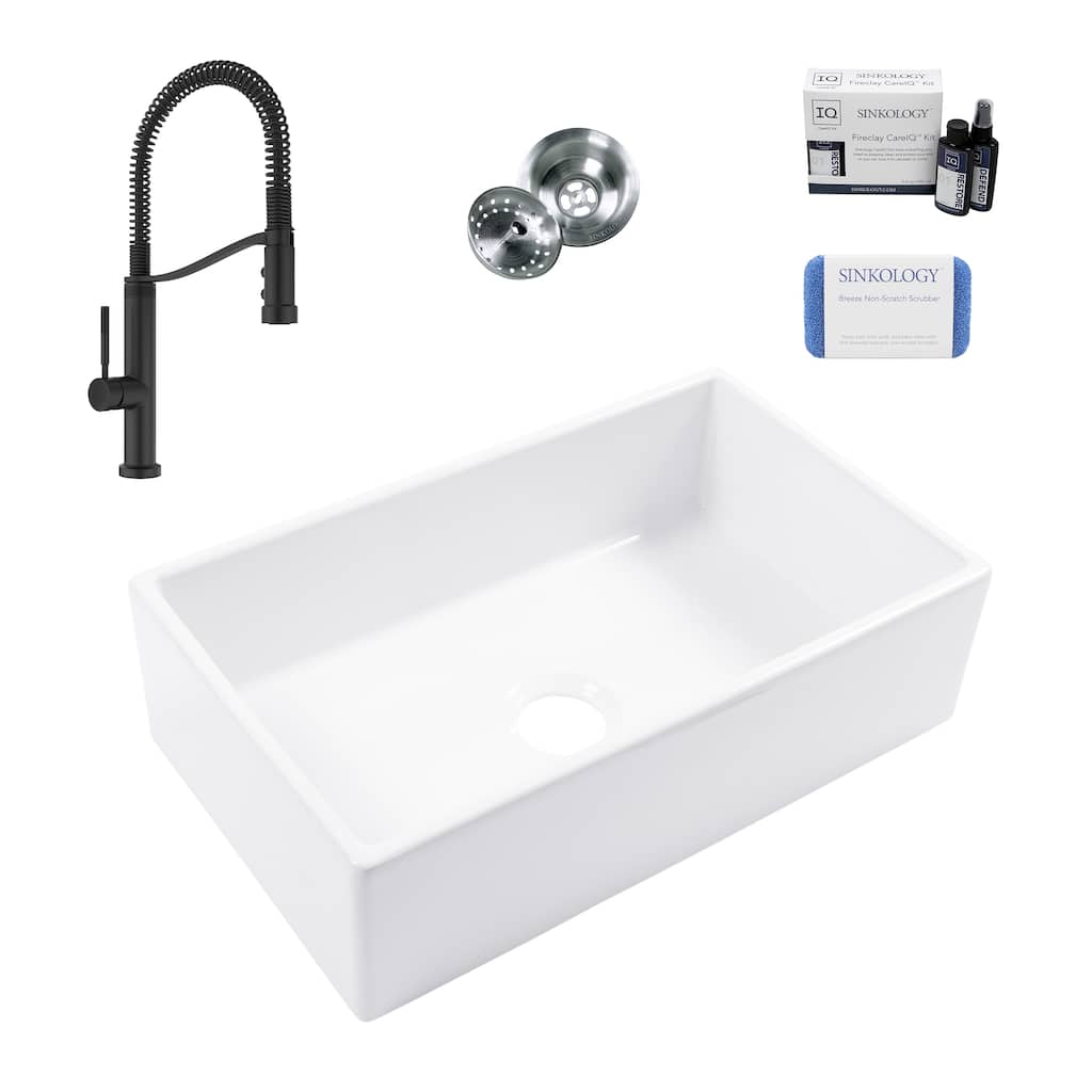 Turner Crisp White Fireclay 30" Single Bowl Farmhouse Apron Front Undermount Kitchen Sink with Bruton Black Faucet Kit