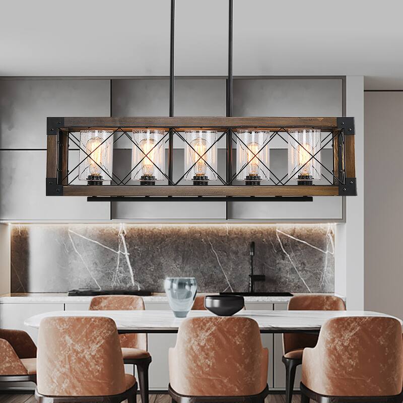 5-Light Farmhouse Kitchen Island Chandelier with Solid Wood Accent