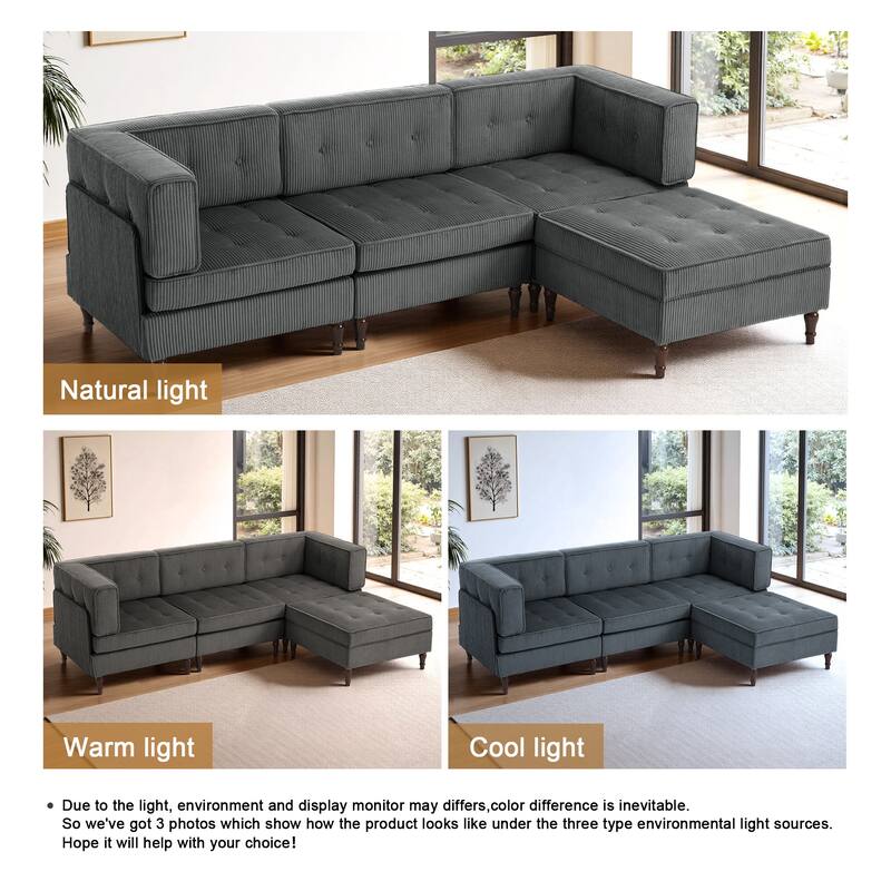 UIXE 4 - Piece Corduroy Sectional Sofa with Flip-Top Storage Ottoman Coffee Table