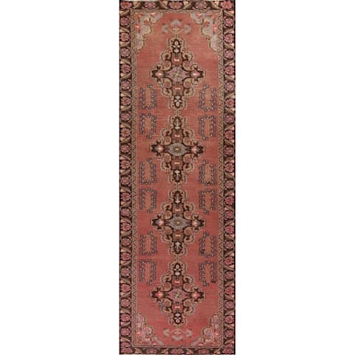Pink Geometric Tabriz Persian Vintage Runner Rug Handmade Wool Carpet - 3'4"x 12'10"