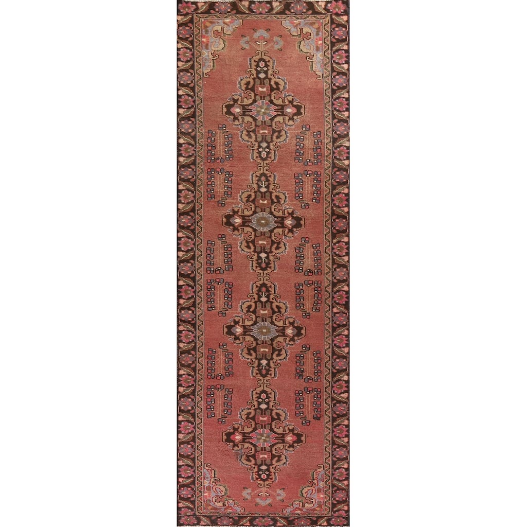 Pink Geometric Tabriz Persian Vintage Runner Rug Handmade Wool Carpet - 3'4"x 12'10"