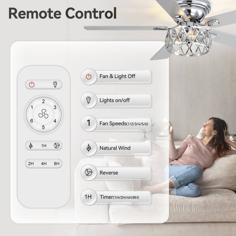 52" Flush Mount 5-Blade Modern Crystal Indoor Ceiling Fan with Light Kit and Remote