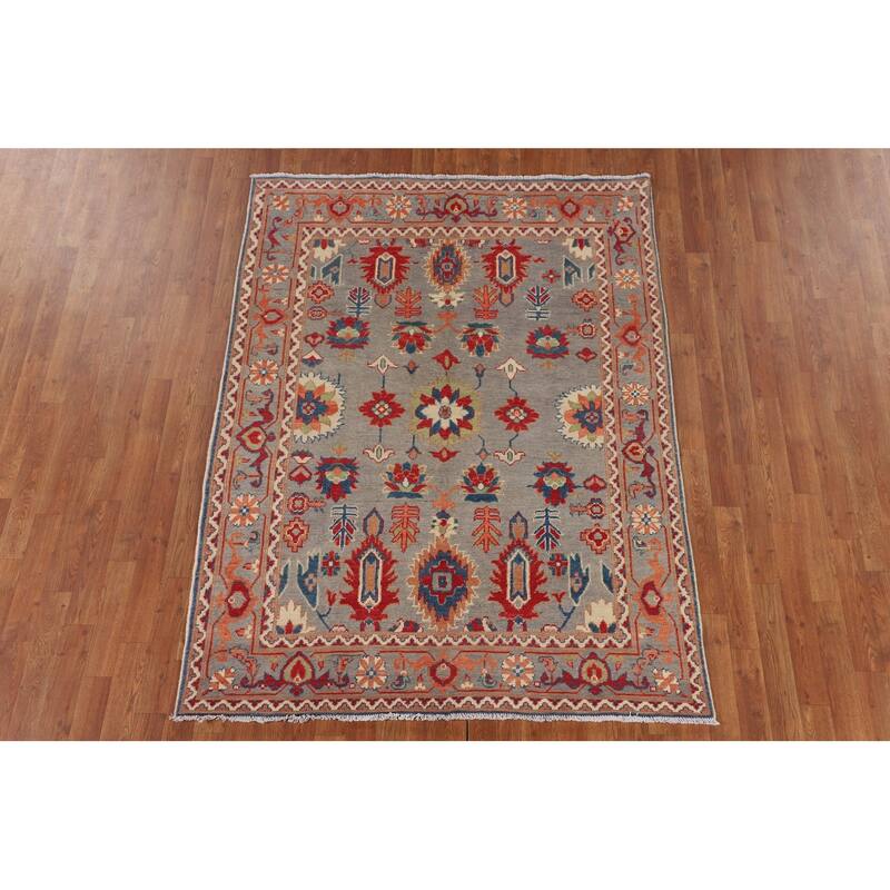Grey Kazak Oriental Area Rug Handmade Geometric Wool Carpet - 5'0" x 6'8"