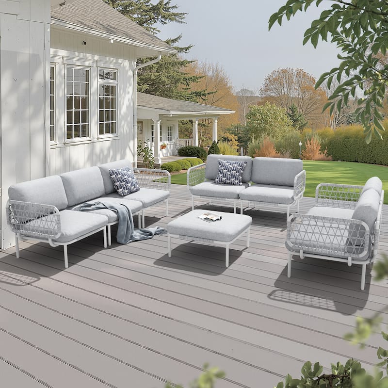 Outdoor Cushioned Sectional Sofa Chat Set Patio Conversation Seating Set - Light Grey - 8-Seat