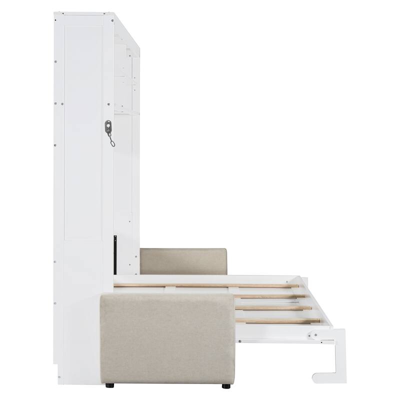 Queen Size Wall Bed with Sofa, Space-Saving Murphy Bed, White