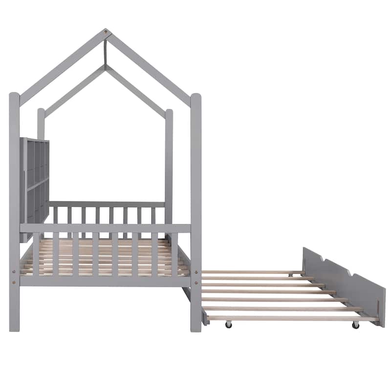 Twin Pine House Bed with Trundle & Storage Shelf