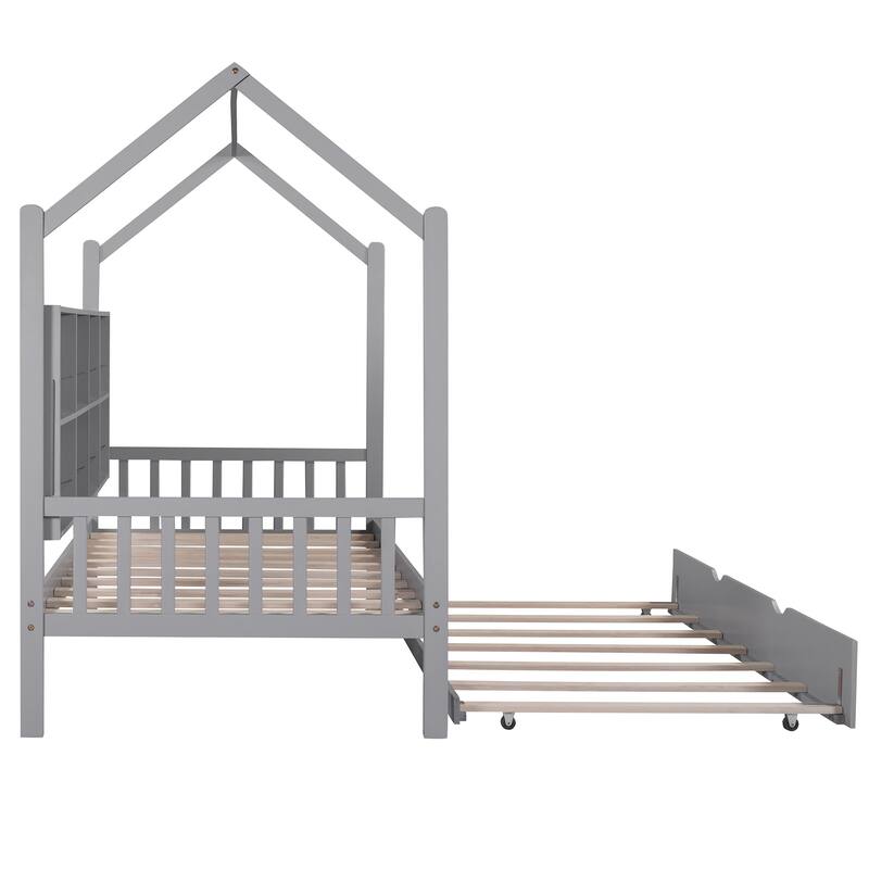 Twin Pine Kids House Platform Bed with Trundle, Shelf, and Roof