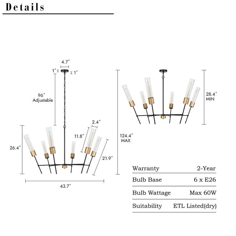 Modern Black Gold 6-Light Chandelier Crown Design Light Fixture for Dining Room - 43.7 " × 26.4 "