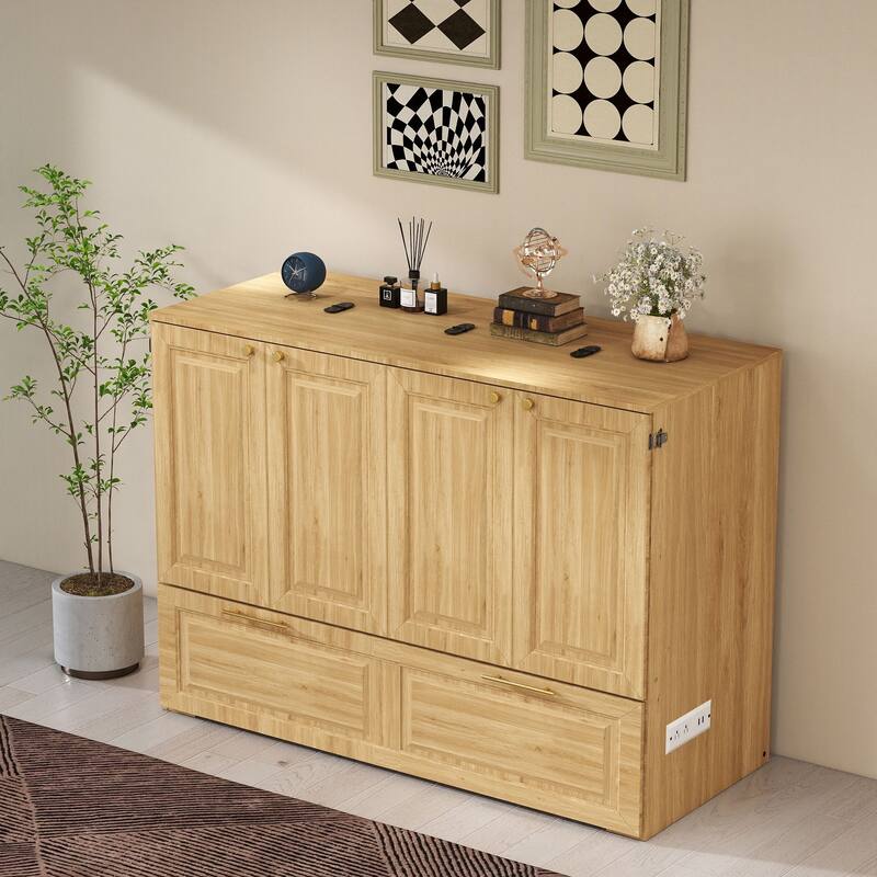 Murphy Bed Cabinet with Charging Port and Storage Drawer, White