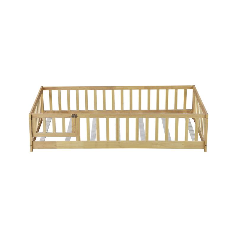 Twin Size Rubber Wood Floor Bed with Fence, Door & Safety Guardrails