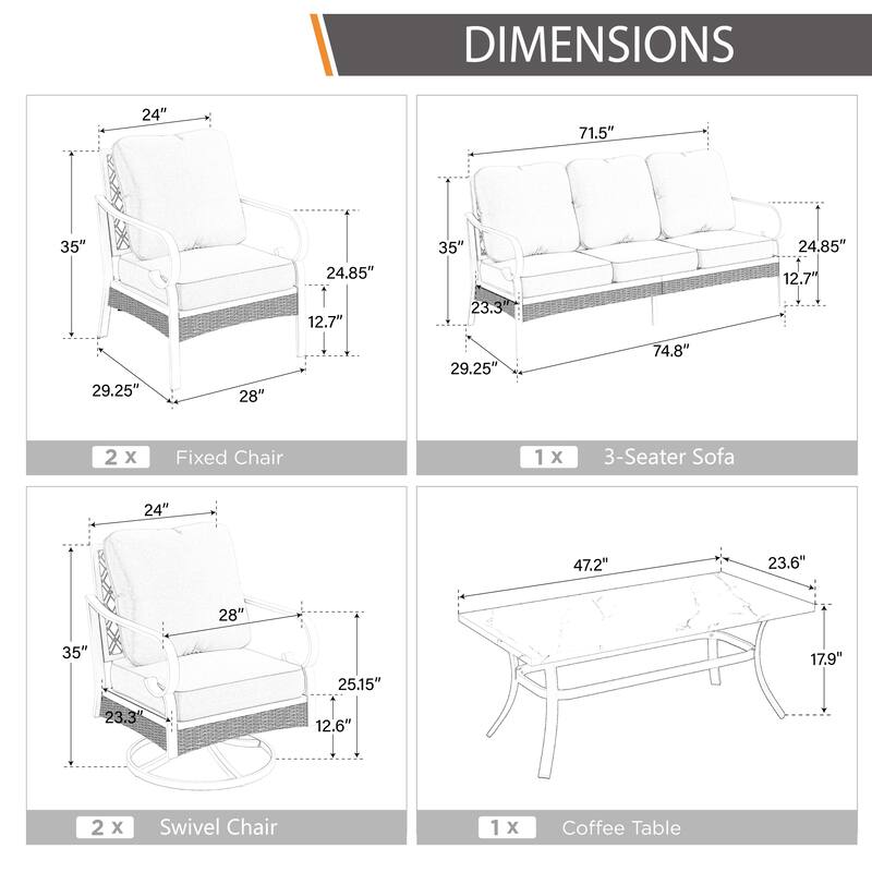 MAISON ARTS 7-Seat Patio Conversation Set, 2/4 x Cushioned Metal Chair, 1 x 2-Seat Sofa,1 x 3-Seat Sofa with Coffee Table