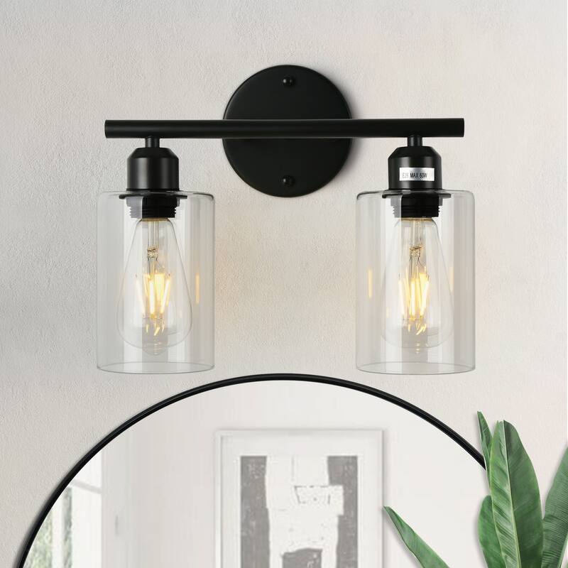 Starsky 2-Light 13inch Modern Bathroom Vanity Light Wall Sconces with Cylinder Glass Shade - Black