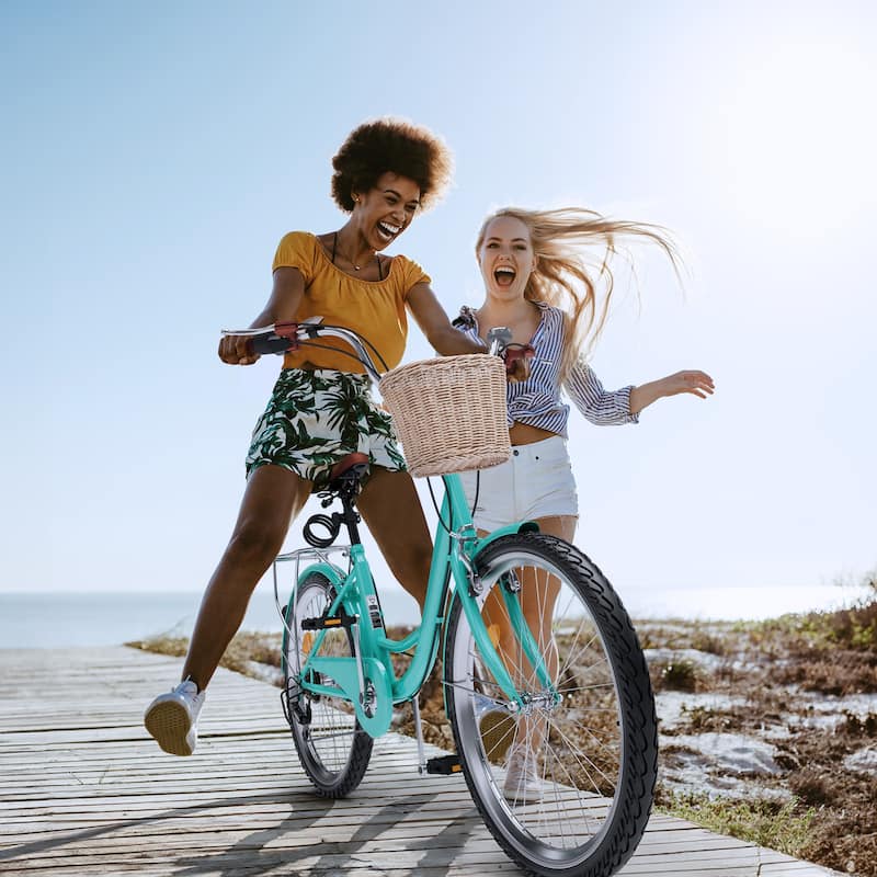 Moasis Beach Cruiser Bike 24"/26"Commute Bike 7 Speed Bicycle with Basket Adjustable Seat, Multiple Color