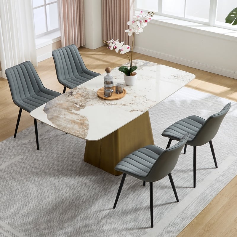 HOMEFUN PU Leather Upholstered Stripes Sturdy Metal Frame Dining Chairs(set of 4) - Grey