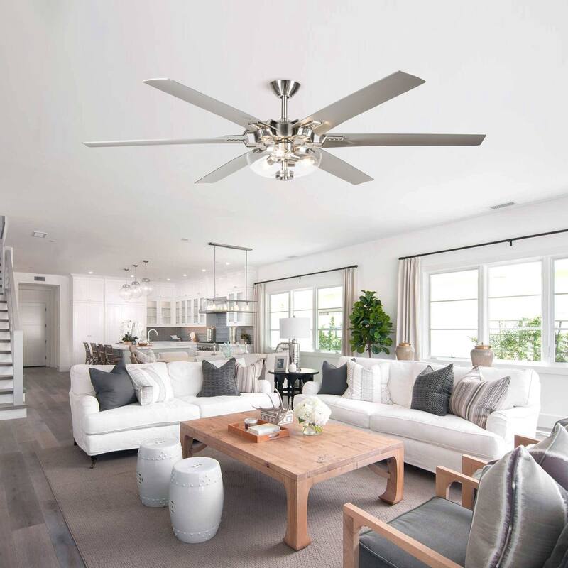 70-in Brushed Nickel Modern Downrod Mount Large Ceiling Fan with Light and Remote