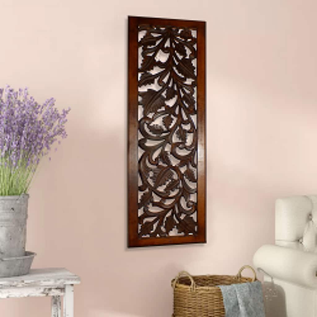 Mango Wood Wall Panel Hand Crafted with Leaves and Scroll Work Motif, Brown