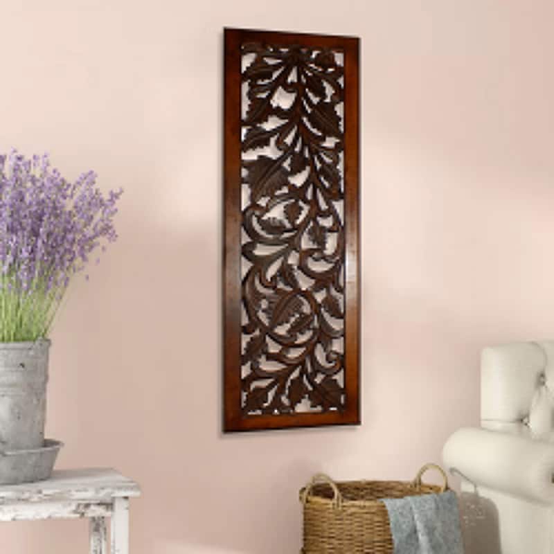 Mango Wood Wall Panel Hand Crafted with Leaves and Scroll Work Motif, Brown - Black