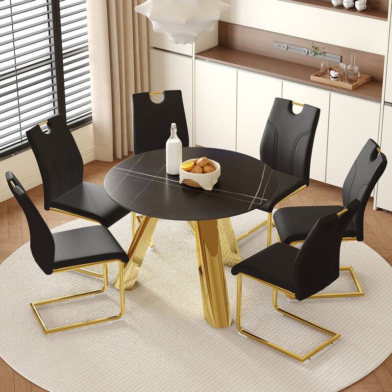 42" Sintered Stone Dining Set,4 PU Upholstered Chairs Modern Luxury Round Table