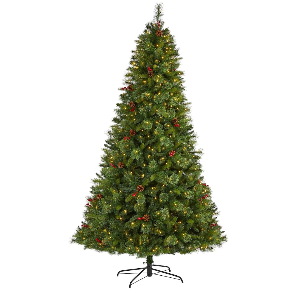 8Ft Artificial Christmas Tree with Lights - Holiday Spruce Tree, Pine Cones & Berries - Festive Home Decor - Green - 96