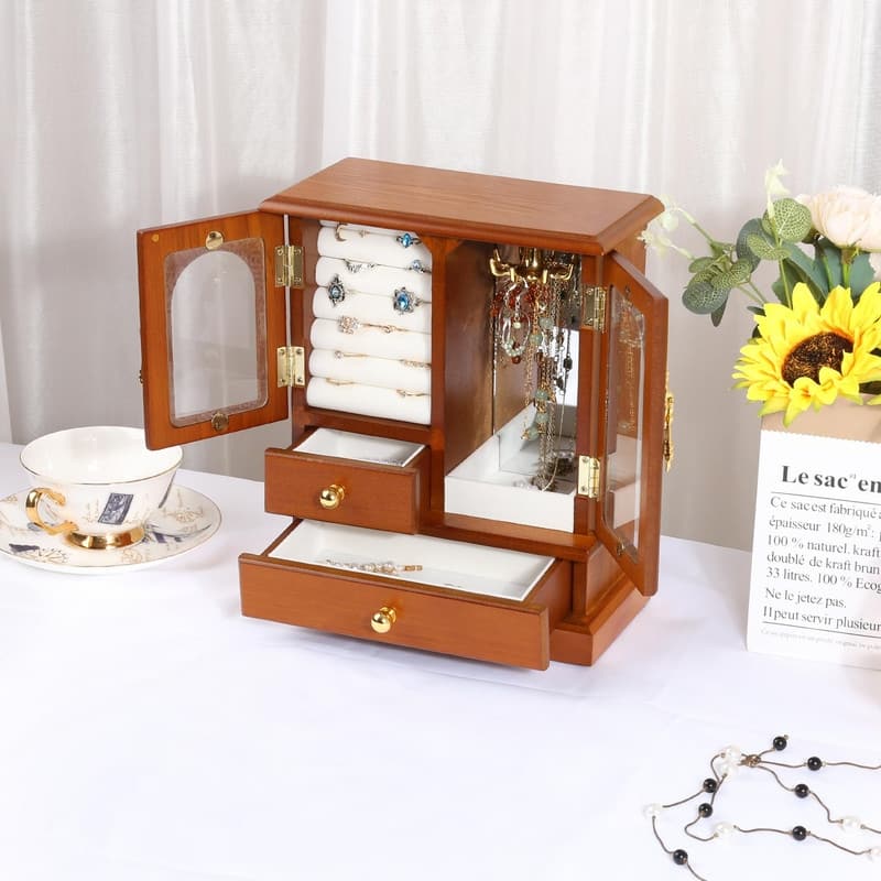 Wooden Jewelry Box for Women - 6.89"D x 11.02"W x 12.99"H
