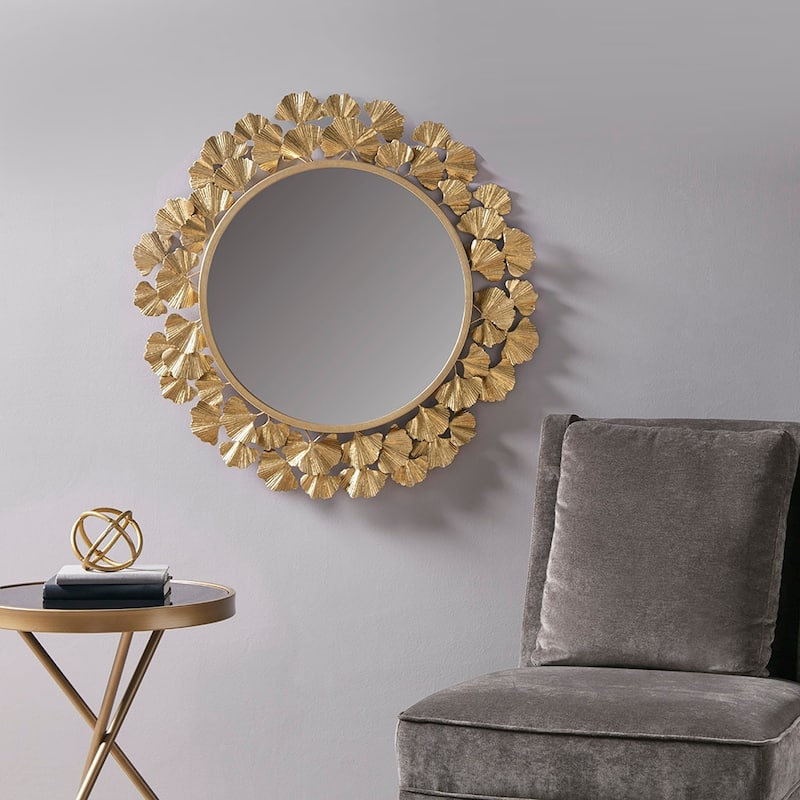 Eden Gold Gingko Leaf Round Wall Mirror 30.5" - Gold